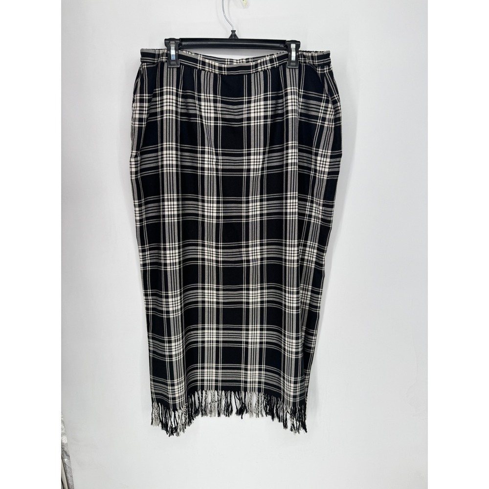 Studio C Plus Plaid Midi Skirt Womens 18W Black Good Fringe Hem Elastic Waist